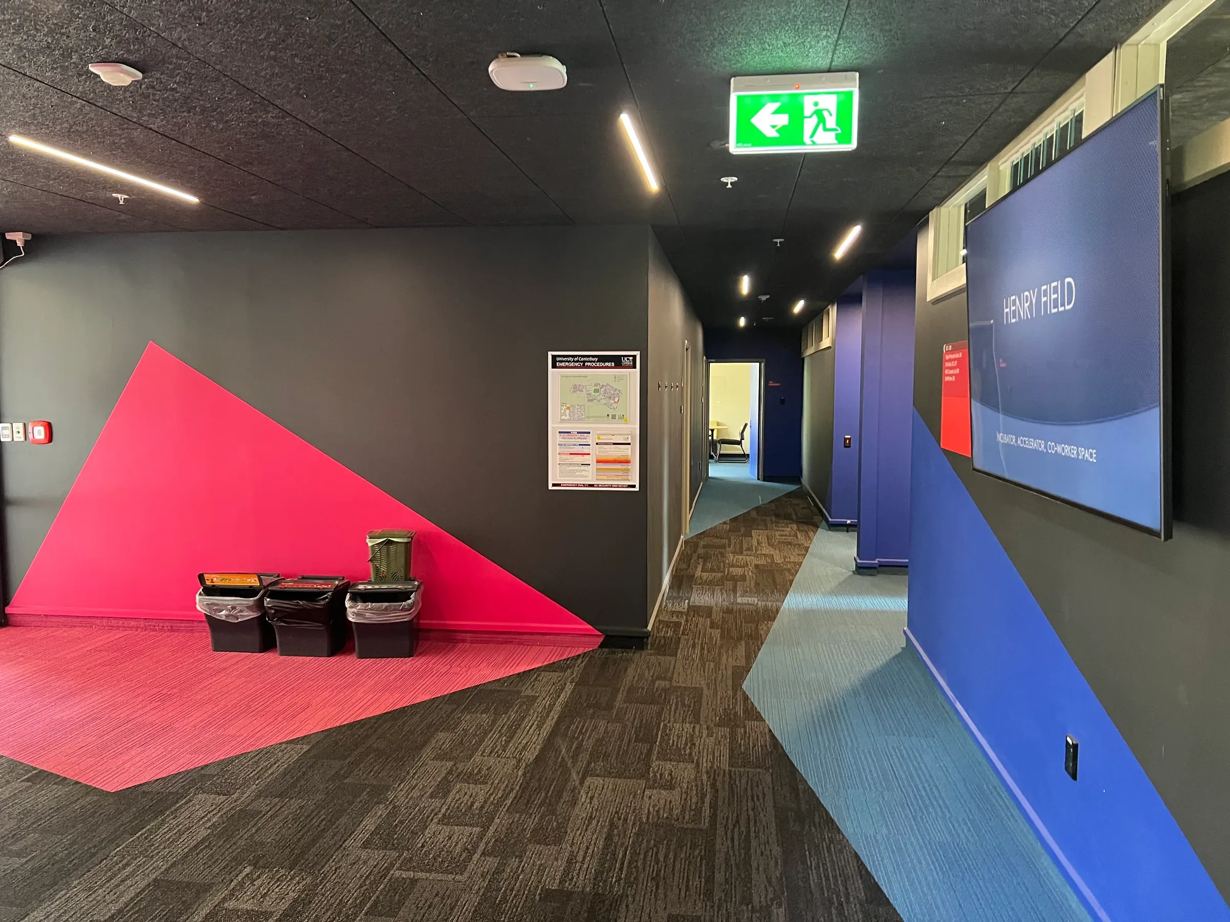 Circulation space in the Otakaro building, blocks of magenta and deep purple set against off-white walls