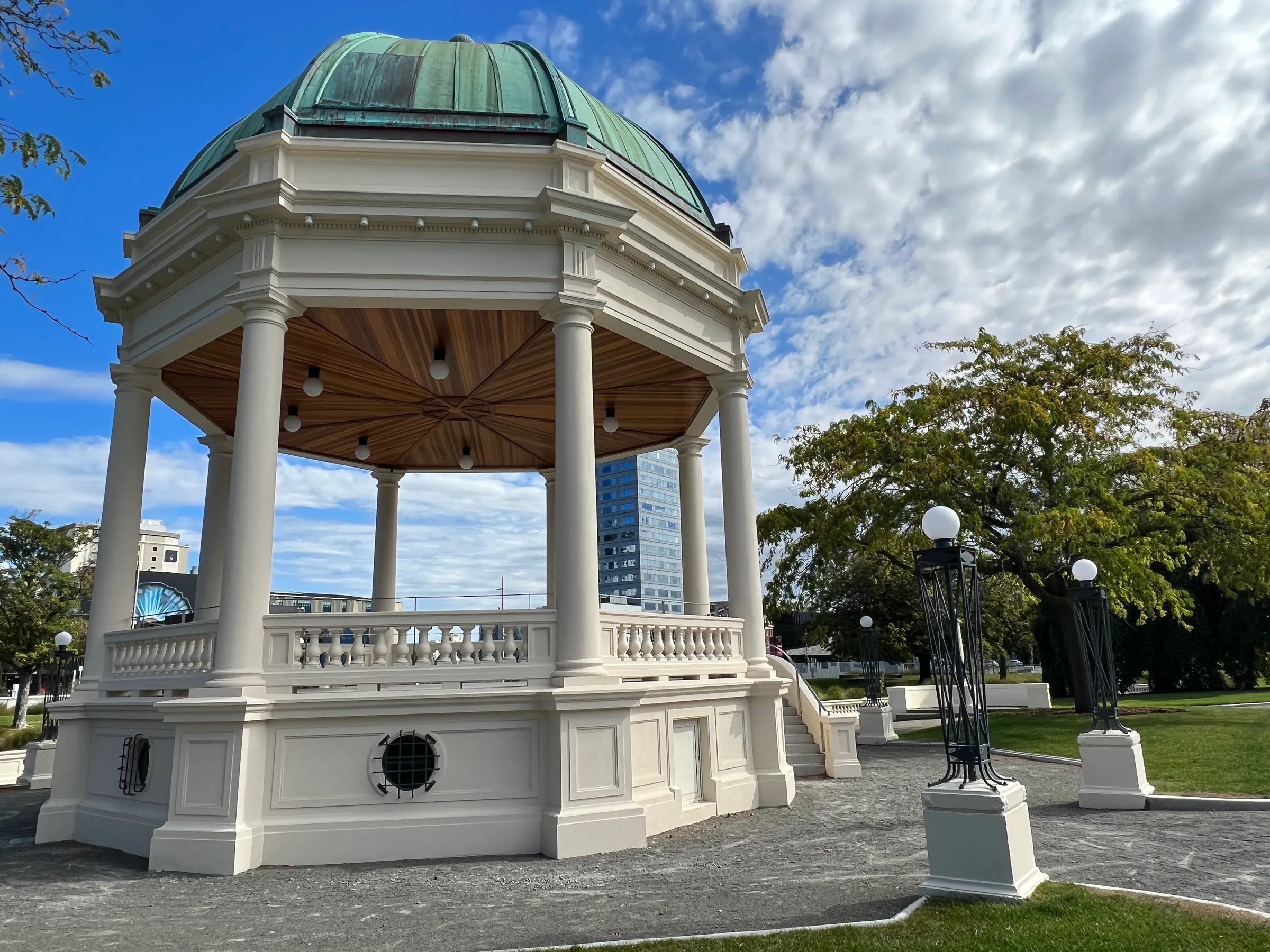 The Edmonds Band Rotunda, cream masonry columns and balustrade under a green copper dome