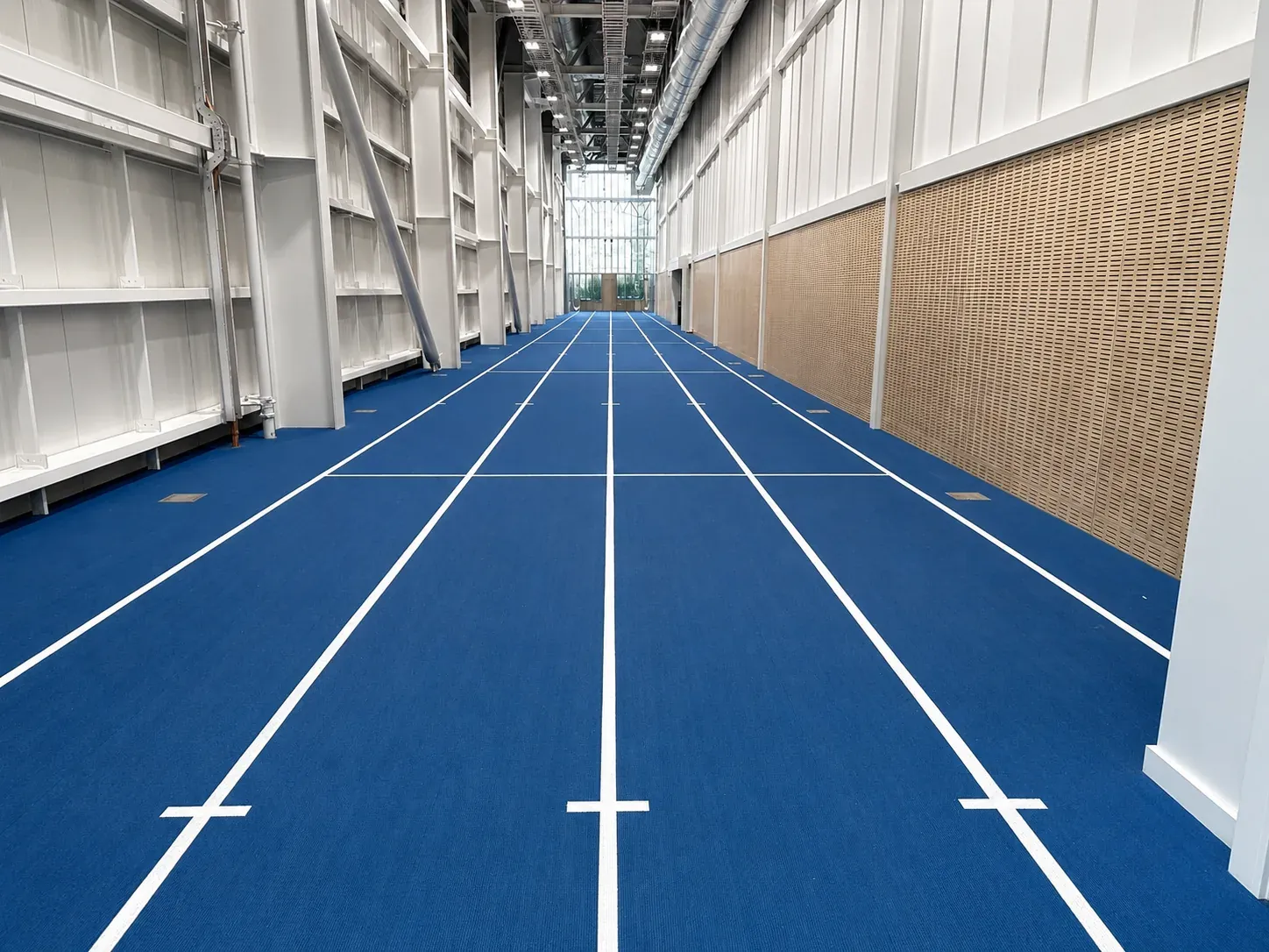 The indoor sprint track at Parakiore, blue Sportflex surface with crisp white lane markings running between timber acoustic panels